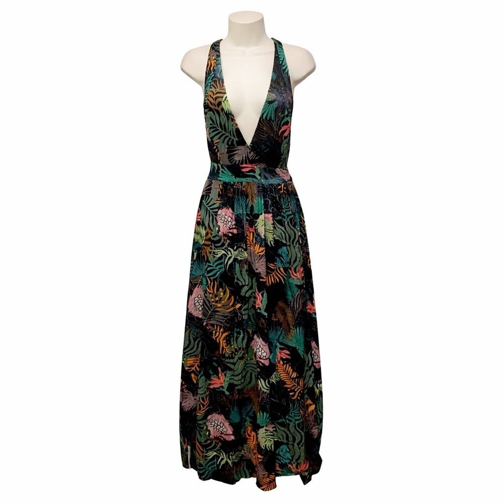 BSL Jungle Floral Animal Print Maxi Dress Black M Plunge V Open Back Statement